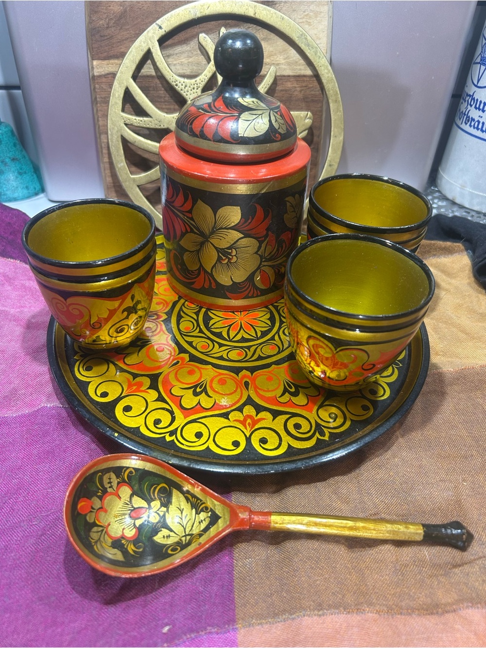 Hand-Painted Russian Khokhloma Wooden Serving Set in Red, Gold and Black